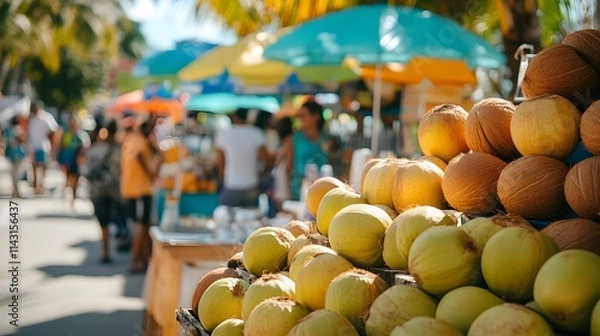Fototapeta A vibrant street market near Miami Beach with fresh coconuts handmade crafts and smiling vendors under colorful umbrellas.