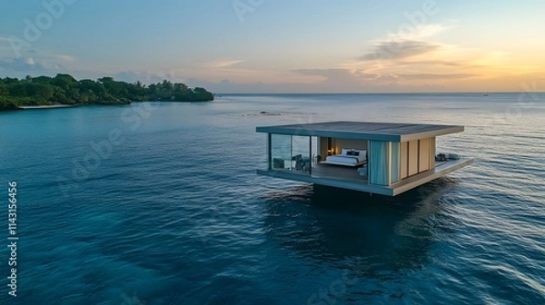 Fototapeta A villa floating on the ocean with a glass-walled bedroom offering uninterrupted views of the endless horizon.
