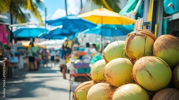 Fototapeta A vibrant street market near Miami Beach with fresh coconuts handmade crafts and smiling vendors under colorful umbrellas.