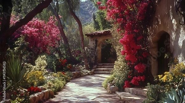 Fototapeta A villa in the Hollywood Hills surrounded by blooming bougainvillea with stone pathways leading to hidden garden nooks.