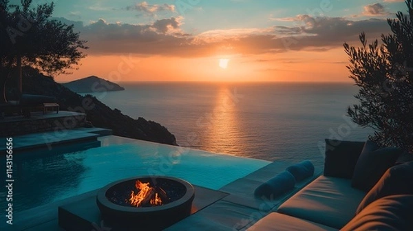Fototapeta A villa in the ocean with a rooftop infinity pool firepit seating and stunning sunrise views over the horizon.