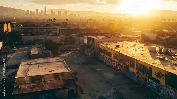Fototapeta A wide drone shot of a LA ghetto during sunrise showcasing golden light reflecting off the rooftops and graffiti-covered walls.