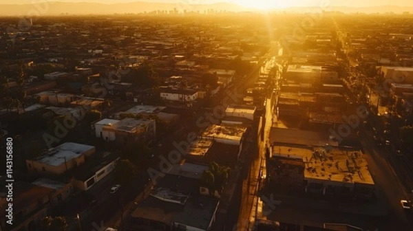 Fototapeta A wide drone shot of an LA ghetto at sunset with golden light reflecting off weathered buildings and winding streets.