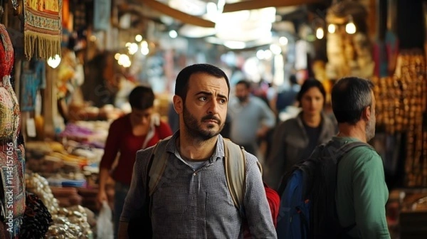 Fototapeta Four adventurers navigating a crowded Istanbul bazaar dodging vendors and shoppers with determined faces.
