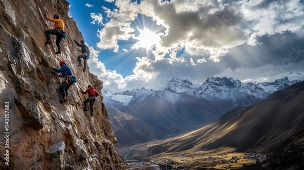 Fototapeta Four teammates scaling a rocky cliff in the Andes with the sun breaking through clouds above them.