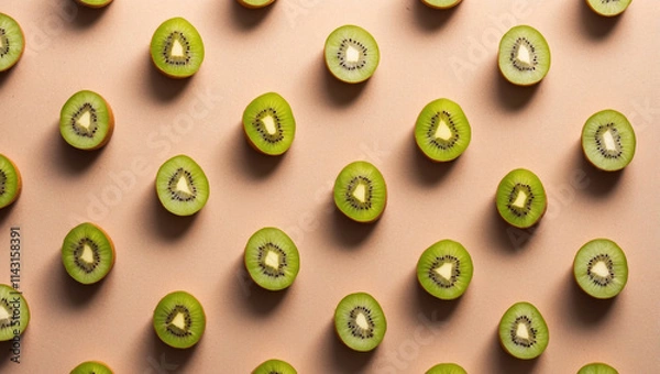 Fototapeta Pattern of kiwi slices on pastel brown background