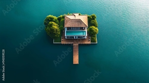 Fototapeta An isolated villa in the ocean with a wraparound deck private dock and endless views of azure waters.