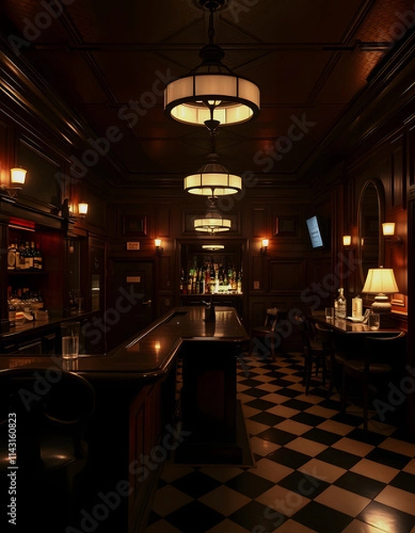 Obraz A dimly lit bar with a checkered floor, creating a cozy and nostalgic atmosphere, A 1920s Chicago speakeasy during prohibition, Side lit, with white tones