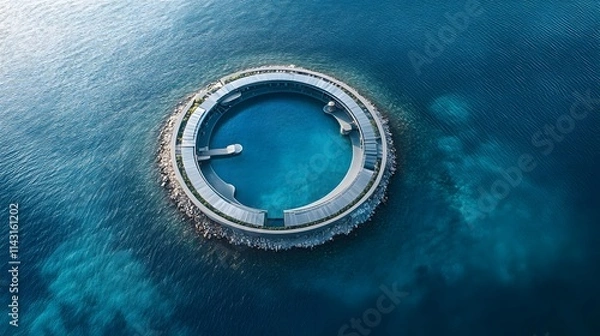 Fototapeta A circular ocean villa with a built-in lagoon for private swimming surrounded by endless blue waters.
