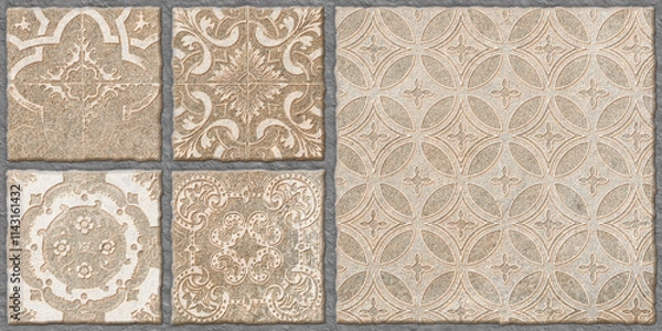Fototapeta Background with pattern, Carved stone designs, exterior floor and wall tiles concept. Heavy duty parking tiles. Natural stone brick background. Motifs on stone wall cladding.