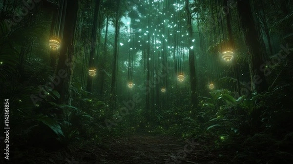 Fototapeta A dense, lush forest filled with AI-powered sensors attached to trees, monitoring biodiversity and environmental health. 