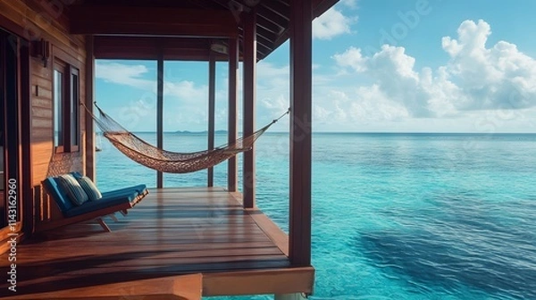 Fototapeta A cozy wooden ocean villa with a hammock strung between pillars floating peacefully in calm blue waters.