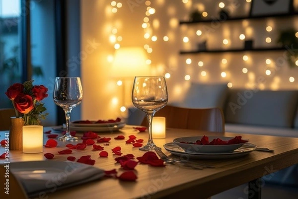 Obraz romantic dining decor, create a chic st valentines dinner setting with rose petals and fairy lights in a contemporary dining room