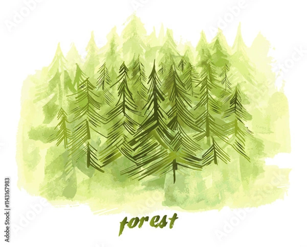 Fototapeta Watercolor Forest landscape background. Beautiful watercolor nature landscape with mountains and forest.Watercolor illustration design elements for landscape background and wallpaper.