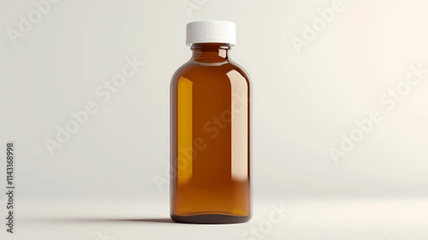 Fototapeta A clear amber glass bottle with a white lid, ideal for storing laboratory liquids or pharmaceuticals in a clean environment. Amber. Illustration