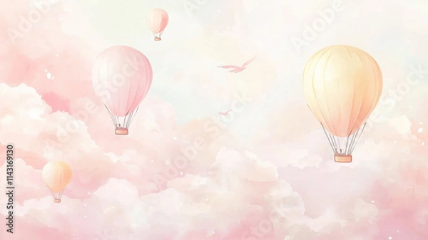 Fototapeta A whimsical pastel cloudscape with floating hot air balloons in soft pink and yellow tones, creating a magical, dreamy, and playful atmosphere in the sky.

