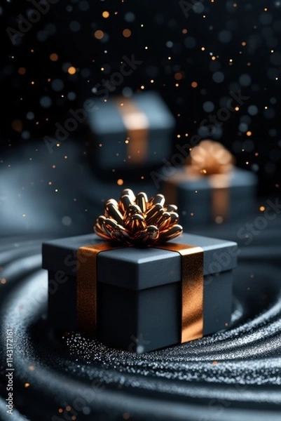 Fototapeta futuristic christmas decorations, radiant christmas gift boxes swirl against a futuristic black backdrop, creating a magical and wondrous scene