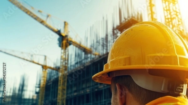 Fototapeta A construction worker in a yellow hard hat watches as cranes operate at a construction site during sunset. The skyline is filled with steel structures and activity