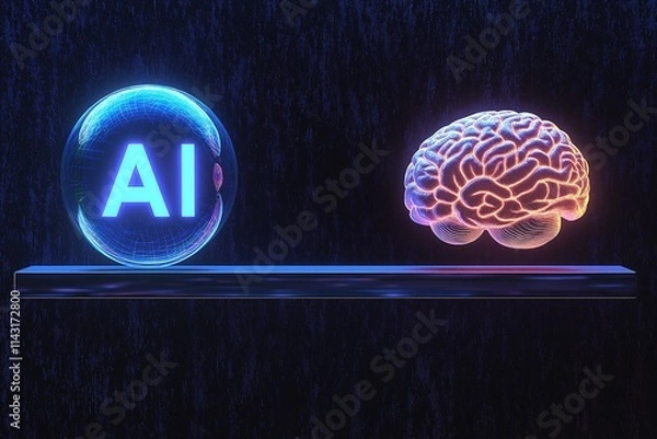 Fototapeta AI vs Human Brain Conceptual Illustration with Futuristic Digital Design Glowing Blue and Orange Neon Lights Showcasing Artificial Intelligence and Human Intelligence on Dark Background