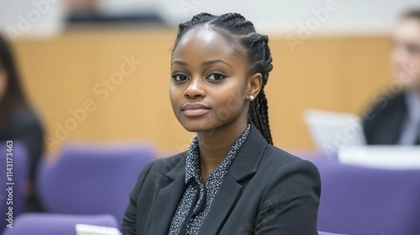 Fototapeta A young woman with braided hair sits confidently in a conference room, engaging in a business presentation. Participants are seated in the background, with notes in hand