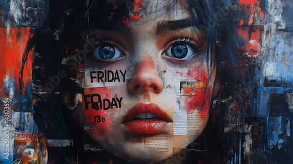 Fototapeta a collage artwork for a crazy card with the words " FRIDAY 13th", collage artwork, a contemporary artistic collage, maximalist magazine collage
