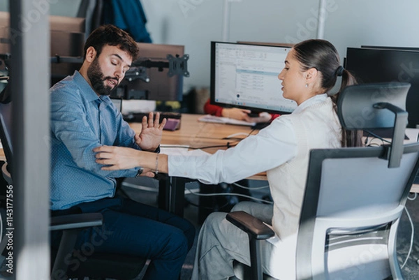Fototapeta A man and woman engage in a collaborative discussion at an office desk, showcasing diversity and teamwork in a modern workplace environment.