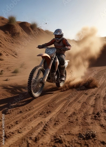 Fototapeta Dark brown dirt plume rising, motocross bike trace visible, dark, impact, off-road