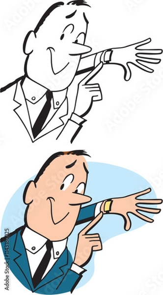 Obraz A vintage retro cartoon of a businessman pointing at his watch. 