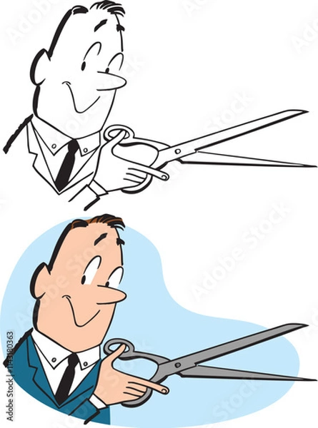 Obraz A vintage retro cartoon of a businessman holding an oversize pair of scissors. 