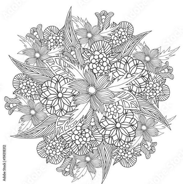 Obraz Circle ornament with flowers. Floral pattern for coloring book.Black and white sample.Zentangle. Mandala.   Hand drawn art. Doodle. Vector illustration.