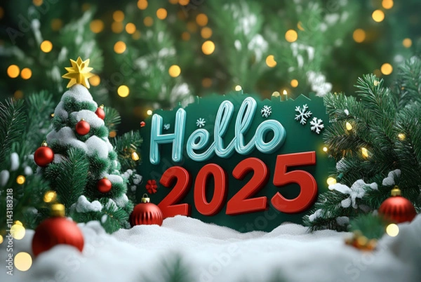 Fototapeta Poster 3d banner, text "hello 2025" snowy trees background. Greeting illustration visualization
