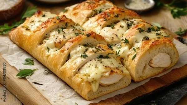 Fototapeta Ciabatta bread stuffed with chicken cheese and fresh herbs on a rustic wooden board with garnishes