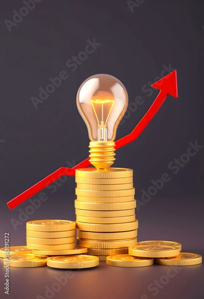 Fototapeta Rising energy cost concept. Light bulb on top of a stack of gold coins and red arrow. 3D Rendering, one line art, with white tones