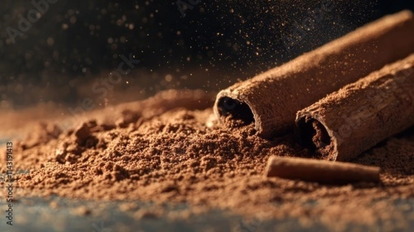 Fototapeta Cinnamon sticks and ground coffee on textured surface with soft lighting and dust particles creating an inviting and rich atmosphere