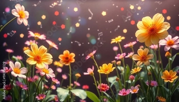 Fototapeta A magical image of a field of pink and yellow flowers with swirling music notes, evoking a sense of peace and tranquility.