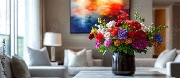 Fototapeta Elegant contemporary interior with vibrant floral arrangements creating a tranquil atmosphere and soft focus ambiance in a modern living space.