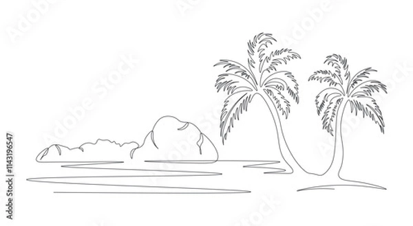 Obraz Seascape drawing with one single continuous line. landscape. Tropical oasis with mountains and beach. Sea lagoon with palm tree with one line. Sunset on beach. Linear illustration on white background.