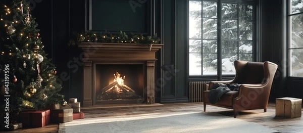 Fototapeta Cozy living room with a decorated fir tree and a warm fireplace creating a festive atmosphere during winter holidays