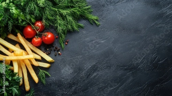 Fototapeta Freshly cooked French fries with cherry tomatoes and dill on a dark textured background for culinary and food photography concepts.