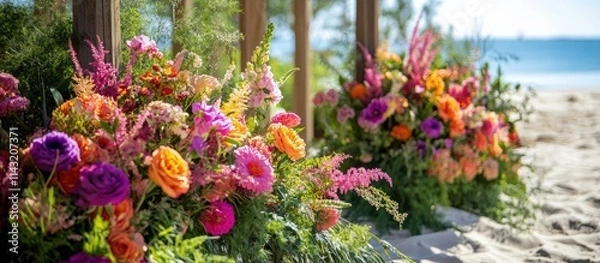 Obraz vibrant floral arrangements by the beach showcasing colorful blooms in a serene seaside park setting with ocean view