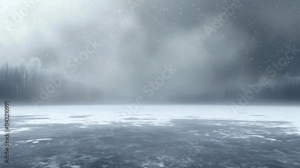 Obraz A snow-covered lake surrounded by frosty trees under a cloudy, snow-filled sky, offering a serene and peaceful winter landscape. AI generated.