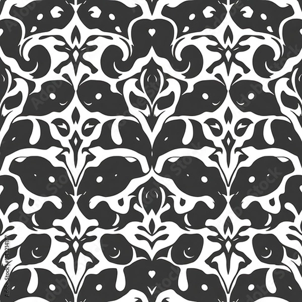 Fototapeta Black and White Damask Pattern: Seamless, intricate, stylish, contemporary, elegant, sophisticated, modern, decorative, design, vector, abstract, art deco, wallpaper, textile, fabric, surface.