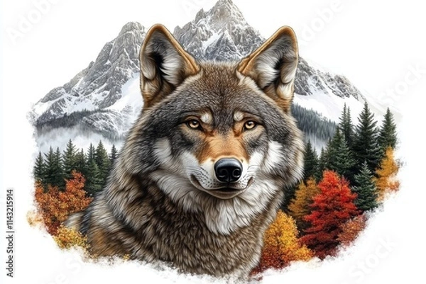 Fototapeta A peaceful composition that layers a wolf over a mountain landscape with double exposure