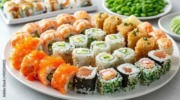 Obraz An assortment of assorted sushi rolls on a large white platter.