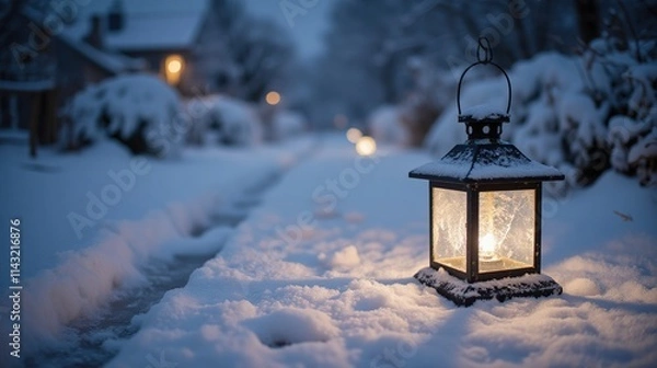 Fototapeta Snowy Pathway with Lantern at Dusk
