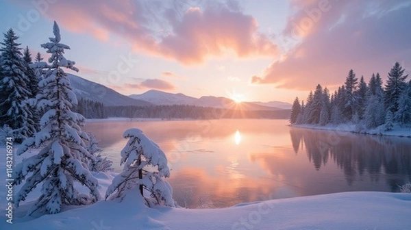 Fototapeta Snowy Sunrise Over Lake