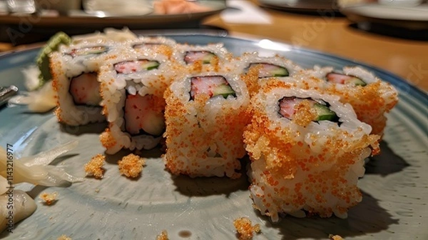 Obraz California Roll Sushi, Topped with Tobiko, Served on Plate