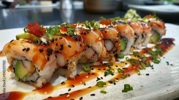 Obraz Delicious Salmon Sushi Roll Topped with Tobiko, Sesame Seeds, and Green Onions