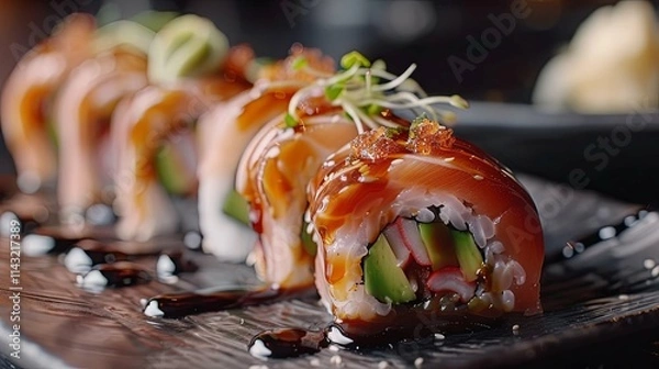 Obraz Delicious Salmon Sushi Rolls with Avocado, Crab, and Tobiko Garnish