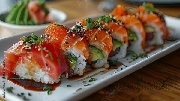 Obraz Delicious Salmon and Tuna Sushi Rolls Topped with Sesame Seeds and Green Onions
